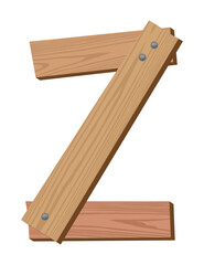 Wooden alphabet font, symbol Z. Texture letter isolated on white, vector illustration. Typography typeface made of wooden planks