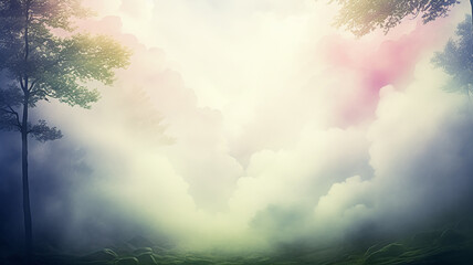 Fototapeta premium Forest landscape with sunlight in a cloudy watercolor background with copy space