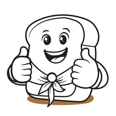 Obraz premium The white bread icon wears his favorite scarf with a happy face. Black and white illustration mascot