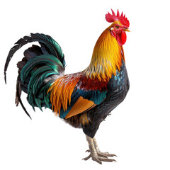 Fototapeta premium A Magnificent Rooster Showcasing Radiant Plumage Against a Black Background