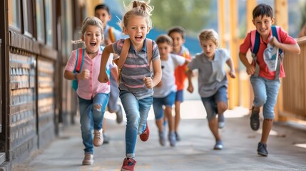 Obraz premium Children rush from school on the last day before summer, laughter echoing in the warm sun!