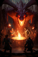 Epic Confrontation in Ancient Dungeon: Adventurers Battle a Dragon in a DnD Game Illustration