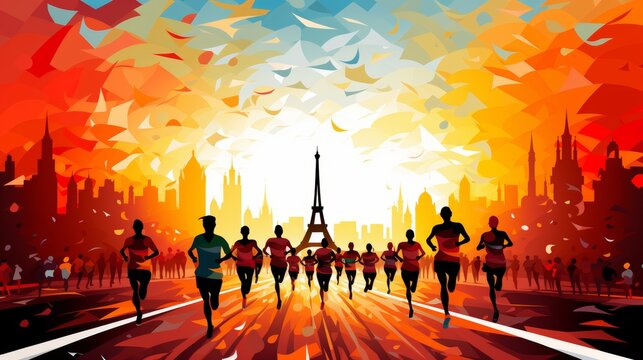 Athletes competing in sports event with eiffel tower backdrop at paris 2024 games