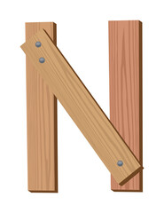 Wooden alphabet font, symbol N. Texture letter isolated on white, vector illustration. Typography typeface made of wooden planks