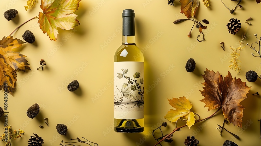 Poster bottle of white wine with a composition of old plank dry snags and dried vine leaves neutral beige b