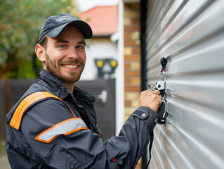 Obraz premium Smiling Technician Working on Garage Door