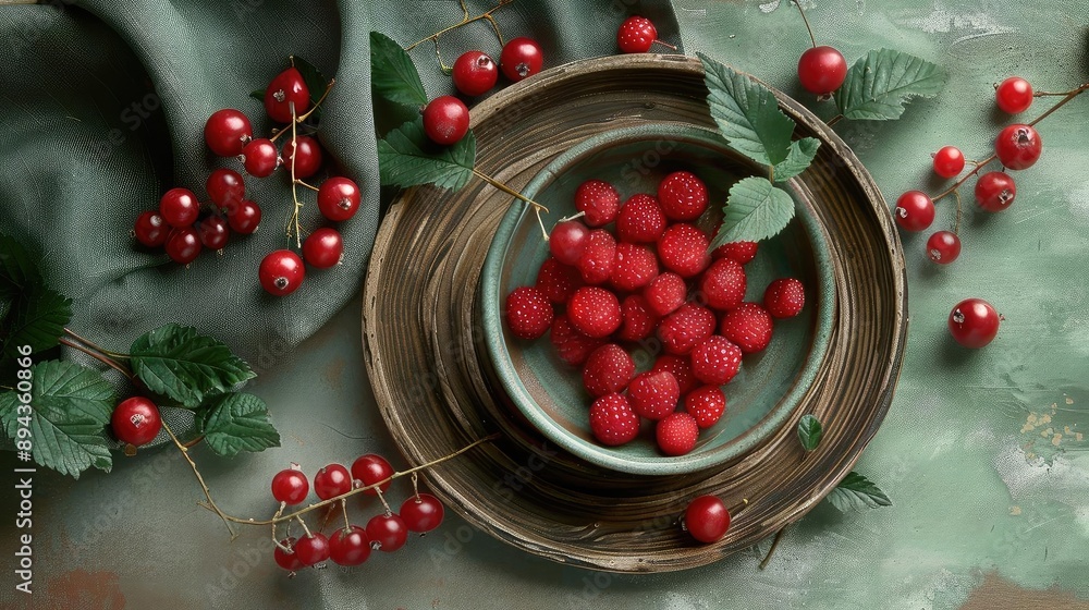 Poster a rustic bowl filled with fresh raspberries and surrounded by red currants on a textured green backg