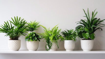 Showcase of lush houseplants in white ceramic pots. Exotic plants line a white shelf against a white wall. Create a vibrant home garden.