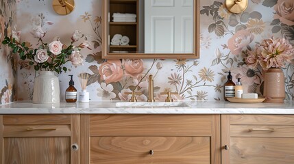 A bathroom with floral wallpaper a floating wood vanity cabinet marble countertop and gold light fixture and faucet : Generative AI