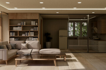The interior design of a modern, spacious living room features a doorway to the kitchen.