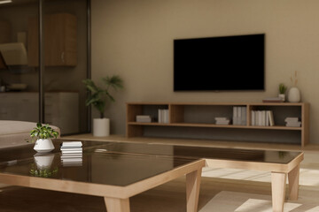 A close-up image of a copy space on a coffee table in a contemporary living room.