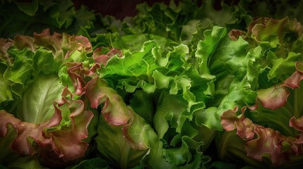 Close-up shot of fresh green and red leaf lettuce, ideal for promoting healthy eating, organic farming, and vegetarian diet.