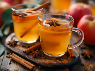 Two Glasses of Spiced Apple Cider With Cinnamon Sticks and Star Anise on a Wooden Tray