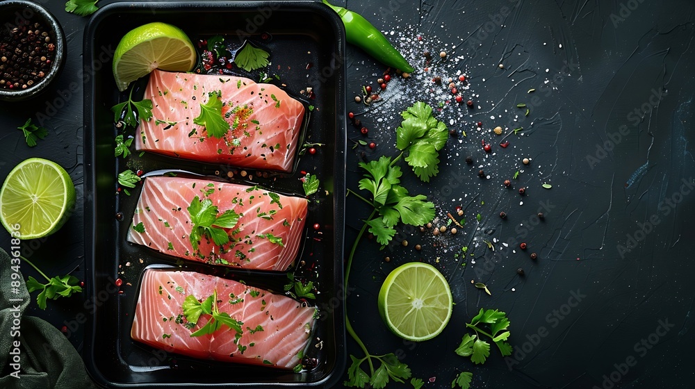 Poster Raw catfish steaks with herbs lime and spices in a baking dish on a dark background top view High quality photo : Generative AI