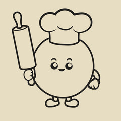 Mascot black and white pizza chef wearing his chef's hat holding a rolling pin ready to make a cake.