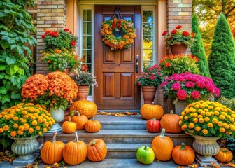 Vibrant orange pumpkins and colorful flowers adorn the inviting front door entrance, surrounded by lush greenery, evoking warmth and coziness in the autumn season.