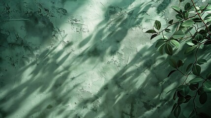 Pale green textured plaster wall with abstract sun light shadow foliage silhouette elegant floral background with copy space : Generative AI