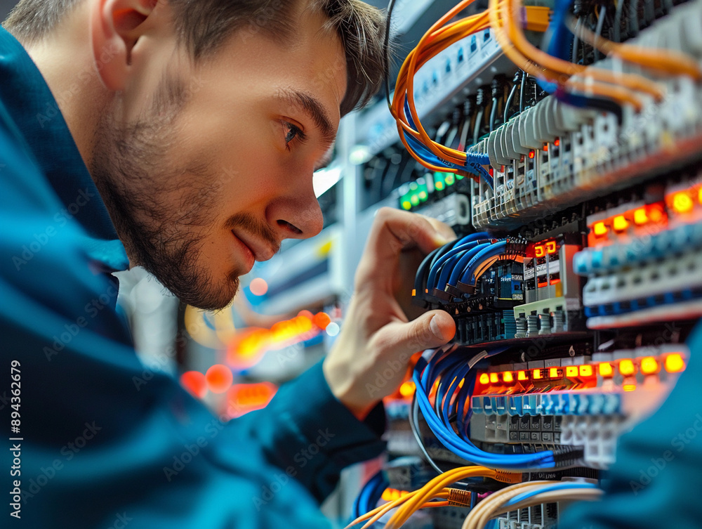 Poster technician working on server rack in data center