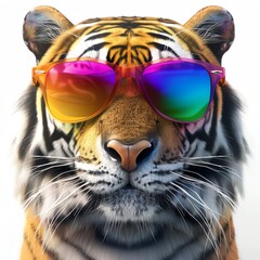Trendy tiger in rainbow sunglasses, fashionable animal, 3D artwork, isolated on white background