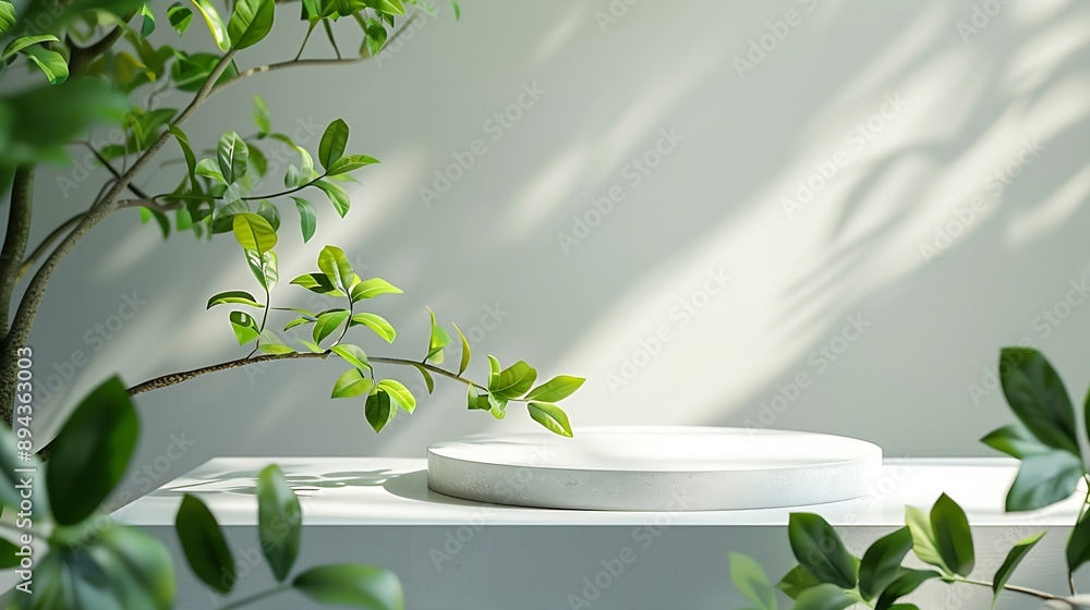Poster empty round podium and green leaves on light grey background top view pedestal and fresh natural bra