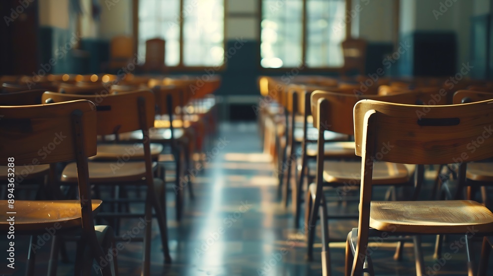 Poster empty classroom with a lot of chair with no student empty classroom with vintage tone wooden chairs 