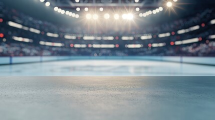 close up of empty table with blurred ice hockey rink arena background