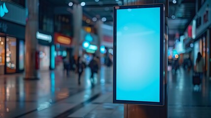 Obraz premium Advertising digital screen on pillar in shopping mall Vertical OOH out of home poster display in retail environment Out of focus bokeh effect in background : Generative AI