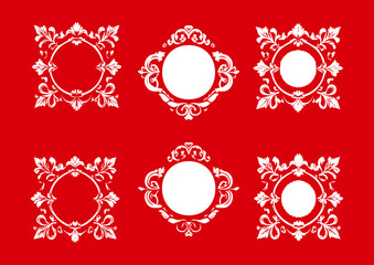 Floral White Ornament Logo And Icon Collection On Red Background. Abstract Beauty Flower Logo Design Collection For Wedding , Invitation Cards And Backgrounds