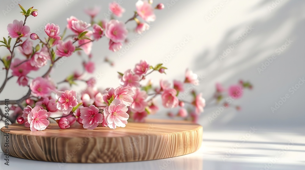 Poster Geometric empty podium wooden platform stand for product presentation and spring flowering tree branch with pink flowers on white background : Generative AI
