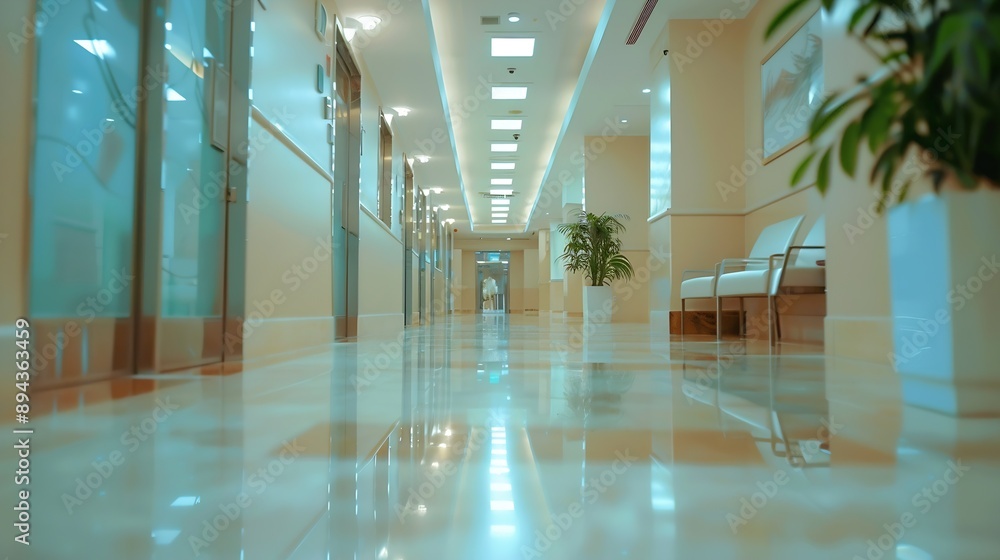 Aufkleber Blur background of corridor in clean hospital Blurred view of aisle in office with light floor Blurry lobby and waiting area in hotel Defocused empty area for event hall in shopping ma : Generative AI
