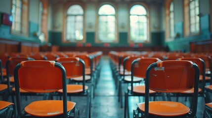 Fototapeta premium Empty classroom with many Lecture Chair : Generative AI