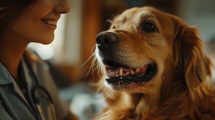 Vet woman and stethoscope for dog with child care or listen for health cardiology and breathing with wellness Girl doctor and golden retriever with assessment exam and lungs at animal  : Generative AI