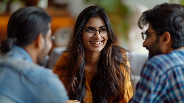 Indian asian two couples meeting at home on a coffee and having communication while sitting on sofa : Generative AI