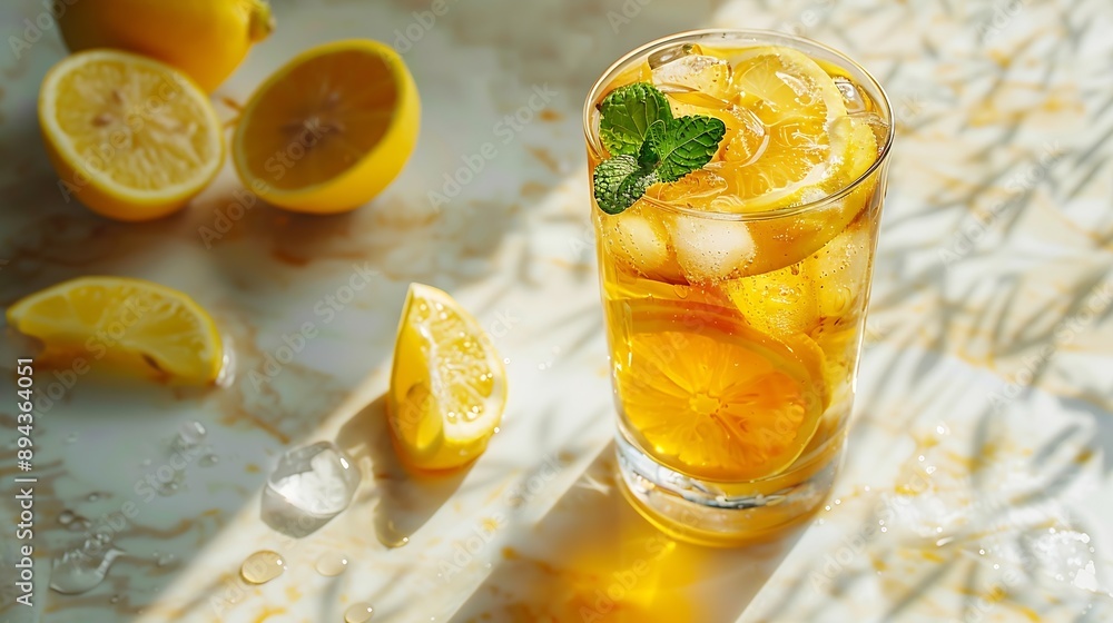 Poster Iced tea with lemon mint in a glass on light background with shadow and citrus fruits The concept of a refreshing and trendy drink or lemonade on a hot summer day Front view : Generative AI