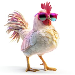 Fashion chicken in vibrant sunglasses, cute animal style, 3D model, isolated on white background