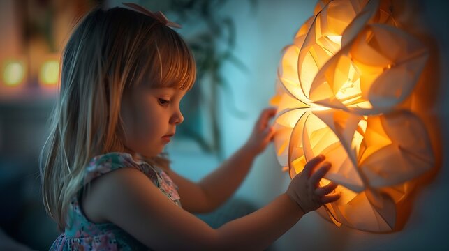 Girl of 6 in sundress turns on wall touch lamp Luminaire segments folded in a flower shape : Generative AI