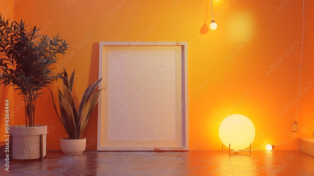 Poster White empty frame in orange solid color studio scene white lights Halloween background Product display mockup design : Generative AI