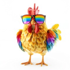 Fashionable chicken in rainbow sunglasses, cute bird, 3D rendering, isolated on white background