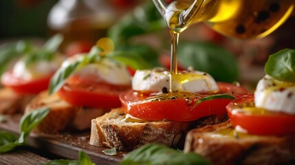 Hand pours olive oil on bruschetta Fresh summer appetizers made with bread tomato mozzarella and basil Italian food flag Italian cuisine concept Dressing vegetables with olive oil : Generative AI
