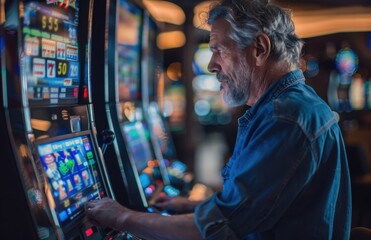 Fototapeta premium A middle-aged man plays slot machines in the casino, in a realistic photo. The photo shows a man playing slot machine games alone at night in Las Vegas.
