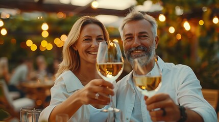 Vertical Mature smiling couple toasting white wine glasses to the camera Middle aged married people drinking alcohol on a bar terrace Two adult partners clinking with alcohol beverages : Generative AI