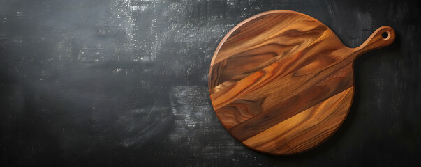 Obraz premium Top view simple single kitchen round cutting board empty on dark background