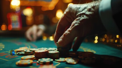 Hand placing chips at the casino table