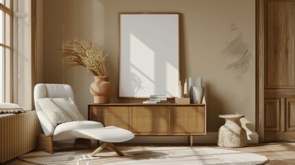 Living room design with poster frame, armchair, sideboard, vase, books, sculpture, and decor.