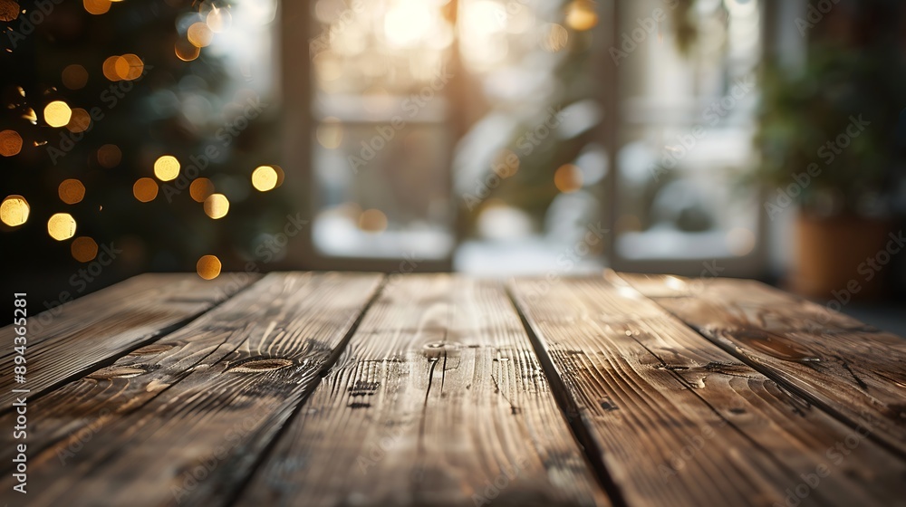 Poster the empty wooden brown table top with blur background of home room in winter exuberant image : gener