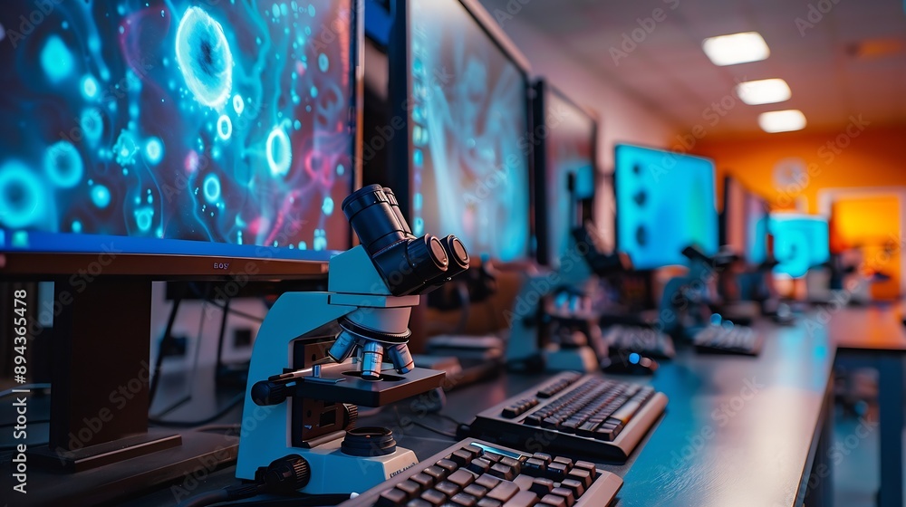 Poster computer lab with monitors and educational microscopes on the table : Generative AI