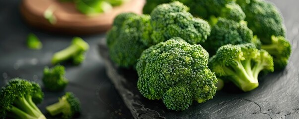 Fresh broccoli florets on a dark slate surface, showcasing vibrant green colors, perfect for healthy eating and cooking concepts.