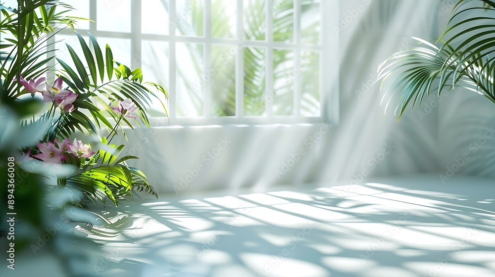 Poster Abstract white studio background for product presentation Empty room with shadows of window and flowers and palm leaves  3d room with copy space Summer concert Blurred backdrop : Generative AI