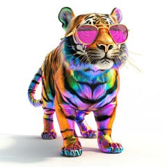 Fototapeta premium Tiger sporting rainbow shades, cute fashion, 3D digital art, isolated on white background