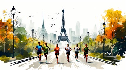 Obraz premium Athletes competing in the paris 2024 games with the iconic eiffel tower as the backdrop